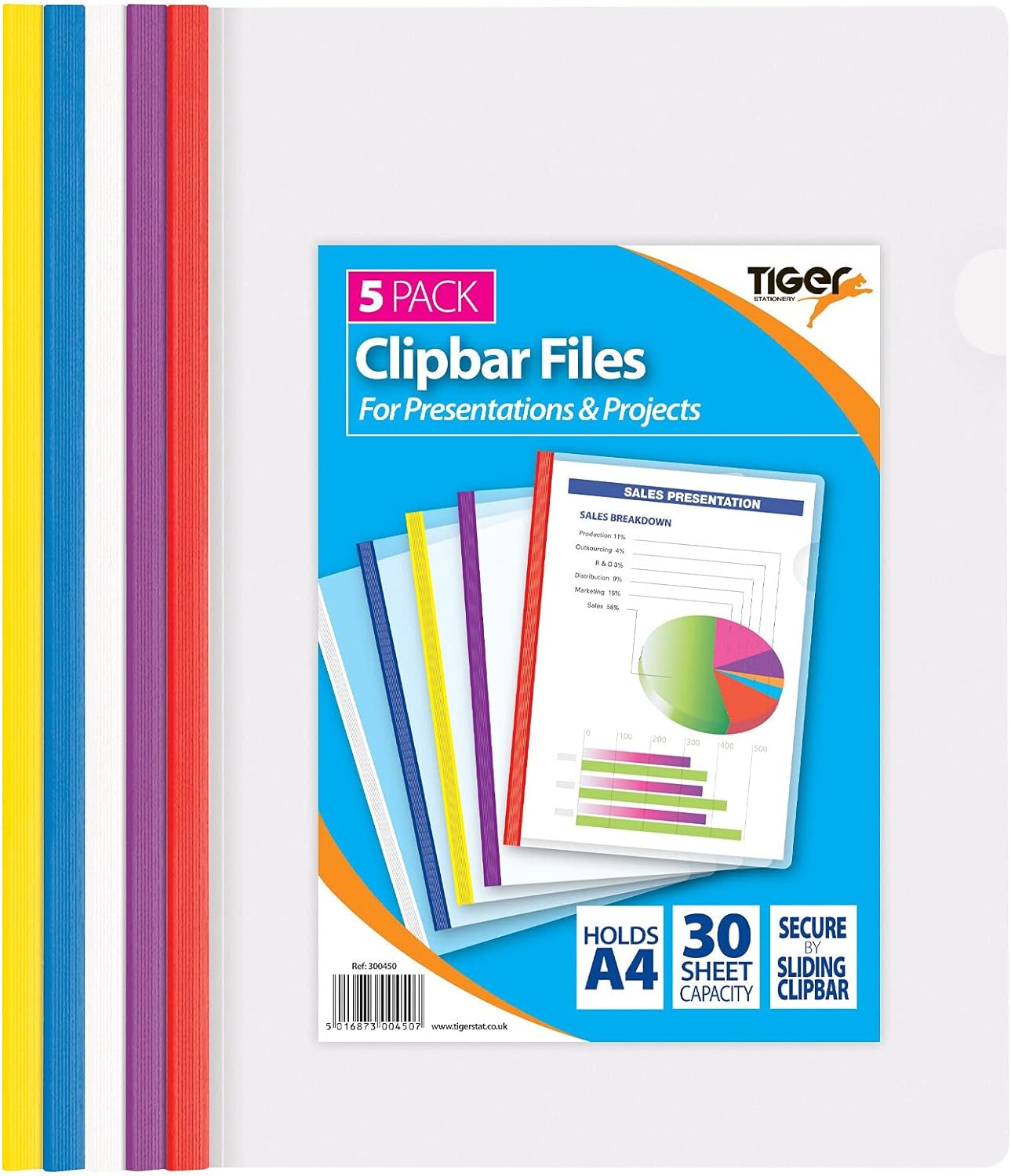 Tiger A4 clipbar presentation slidebinder files - pack of 5