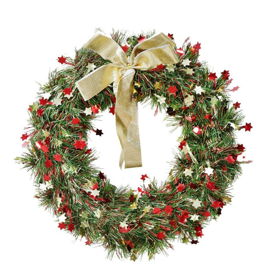 Gold & Red Star Green Tinsel Wreath 25cm With Gold Ribbon Bow