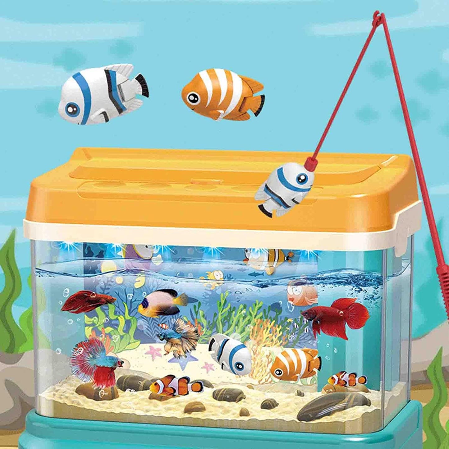 Children Fish Tank Toy with LIght and Music,Magnetic Fishing Toy Simulation Electric Fish Tank for Kids