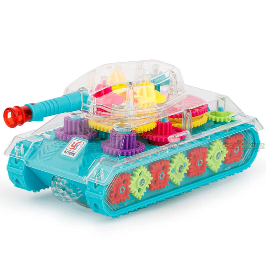 Autism Calming Sensory LED Electric Transparent Gear Car Toy - Light Music Universal Tank Car Model - Colorful Moving Gears Music Fun Educational Toy